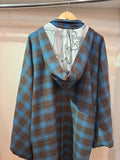 フーディー長羽織　ブルーチェック グレーアラベスク