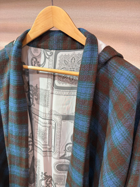 フーディー長羽織　ブルーチェック グレーアラベスク